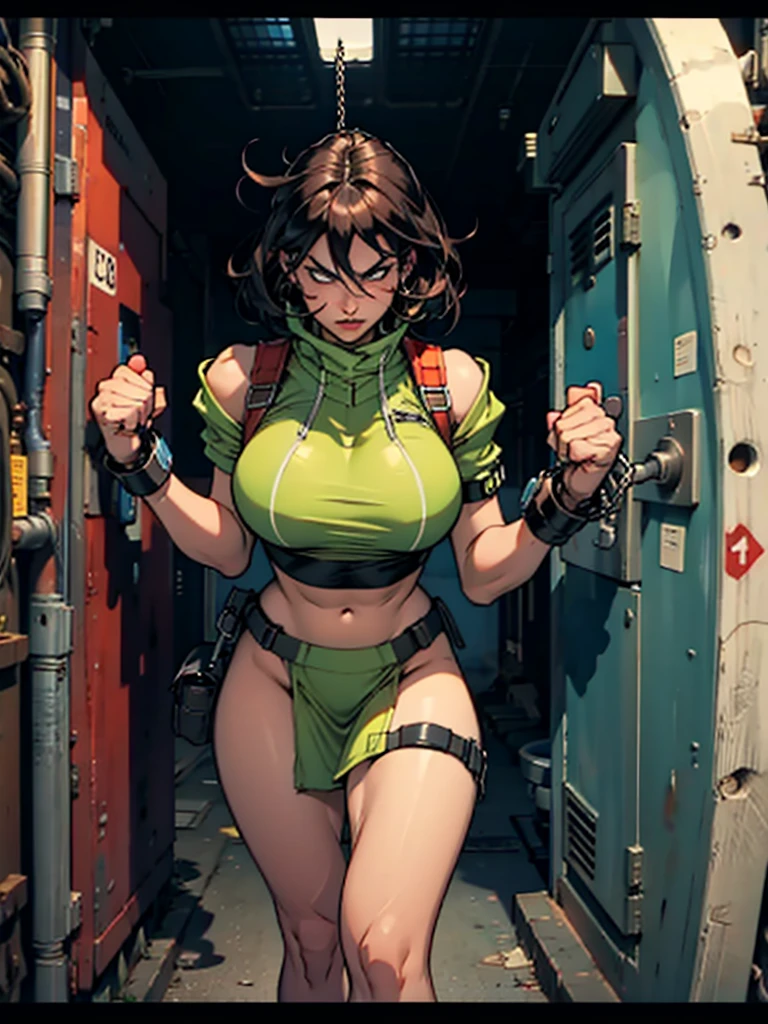 Woman with big breasts, thick legs, distressed with fear walking , Handcuffed hands,  an alien portal towards the camera 