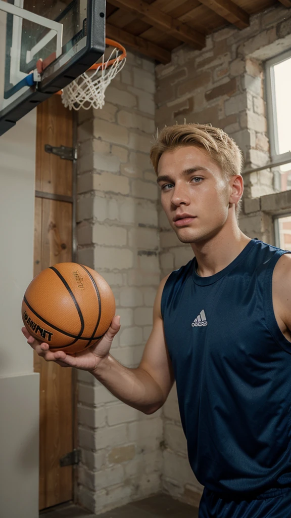 blond geogian man, short hair, playing basketball, wearing sport suit