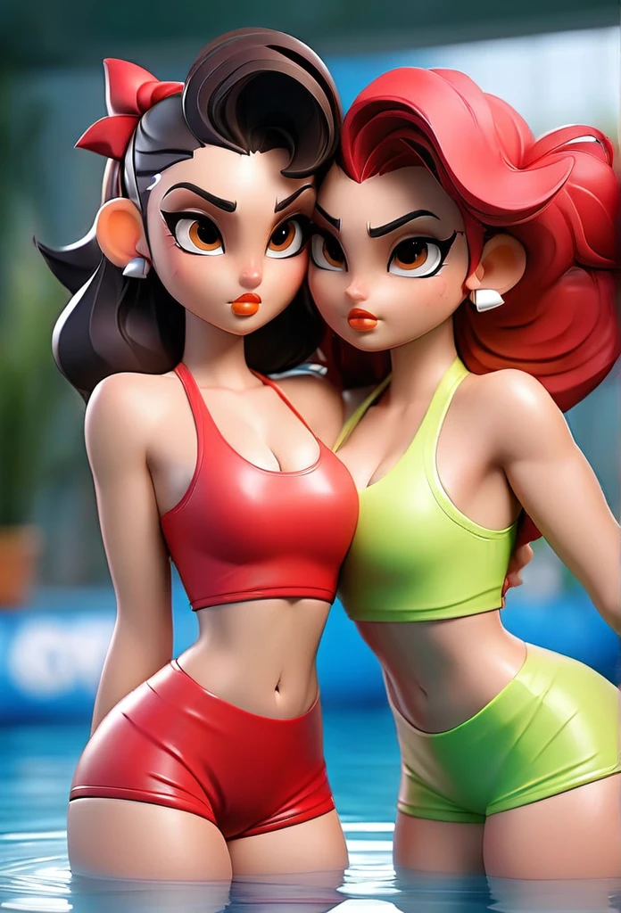 High resolution 8K,Two Female, big breasts showing, hugging, athlete body,tight short shorts,sample curves,light red clothes, wet, swimpool,cyberpunkstyle