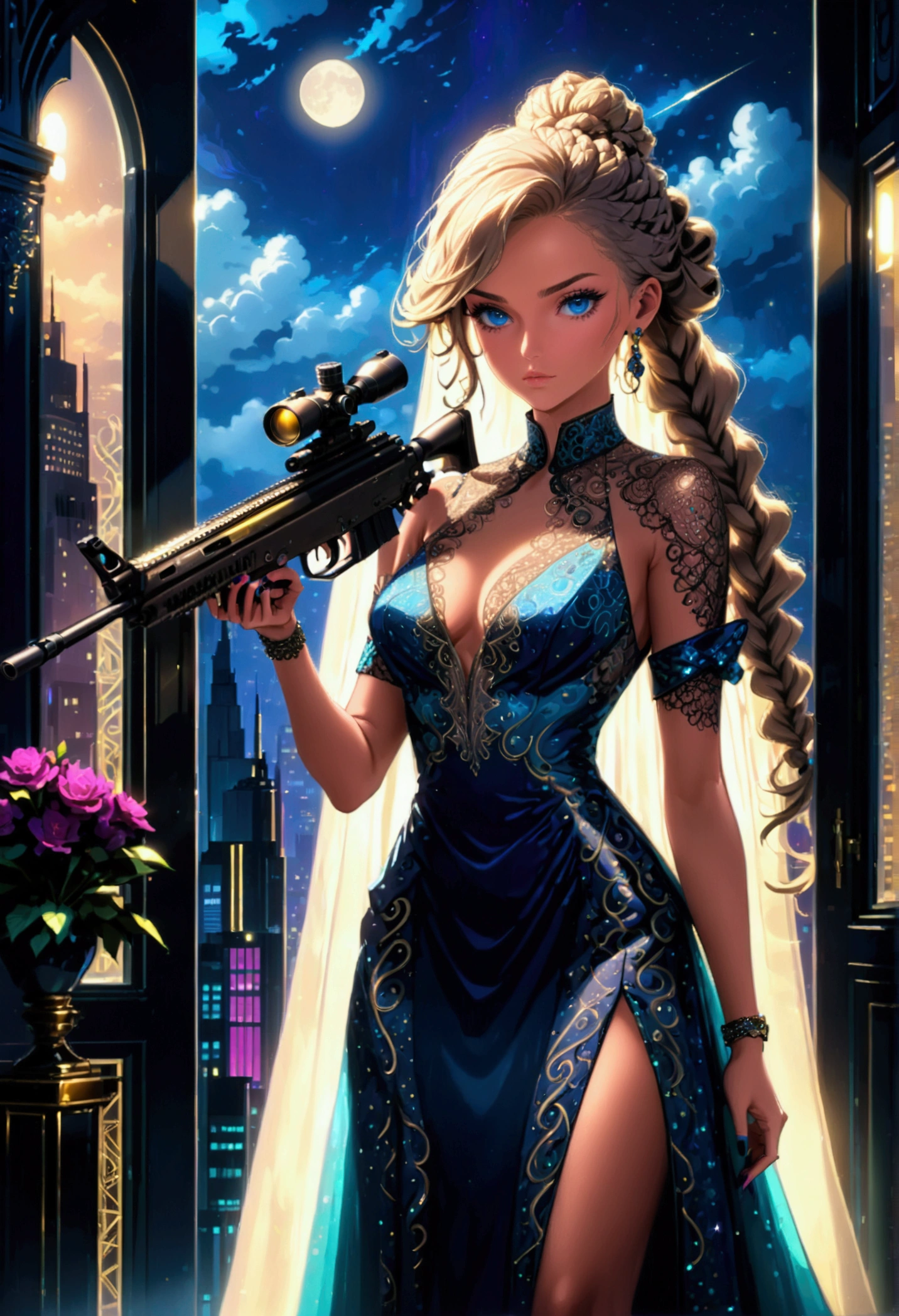 a portrait picture of a 1single sniper woman, standing in a window aiming a (sniper rifle: 1.2), an exotic beautiful woman sniper, dynamic hair, braided hair, full body shop, intense blue eyes, ultra detailed face, wearing (intricate evening dress: 1.5), elegant dress, dynamic color, dynamic style, wearing elegant stiletto heels , behind a window in a tall building at nigh, aiming a Light Sniper Rifle , cyberpunk city background, its night time, moon rays, some clouds,  (full body shot: 1.1) , vibrant, Ultra-high resolution, High Contrast, (masterpiece:1.5), highest quality, Best aesthetics), best details, best quality, highres, ultra wide angle, 16k, [ultra detailed], masterpiece, best quality, (extremely detailed) Sniper Rifle, evening dress