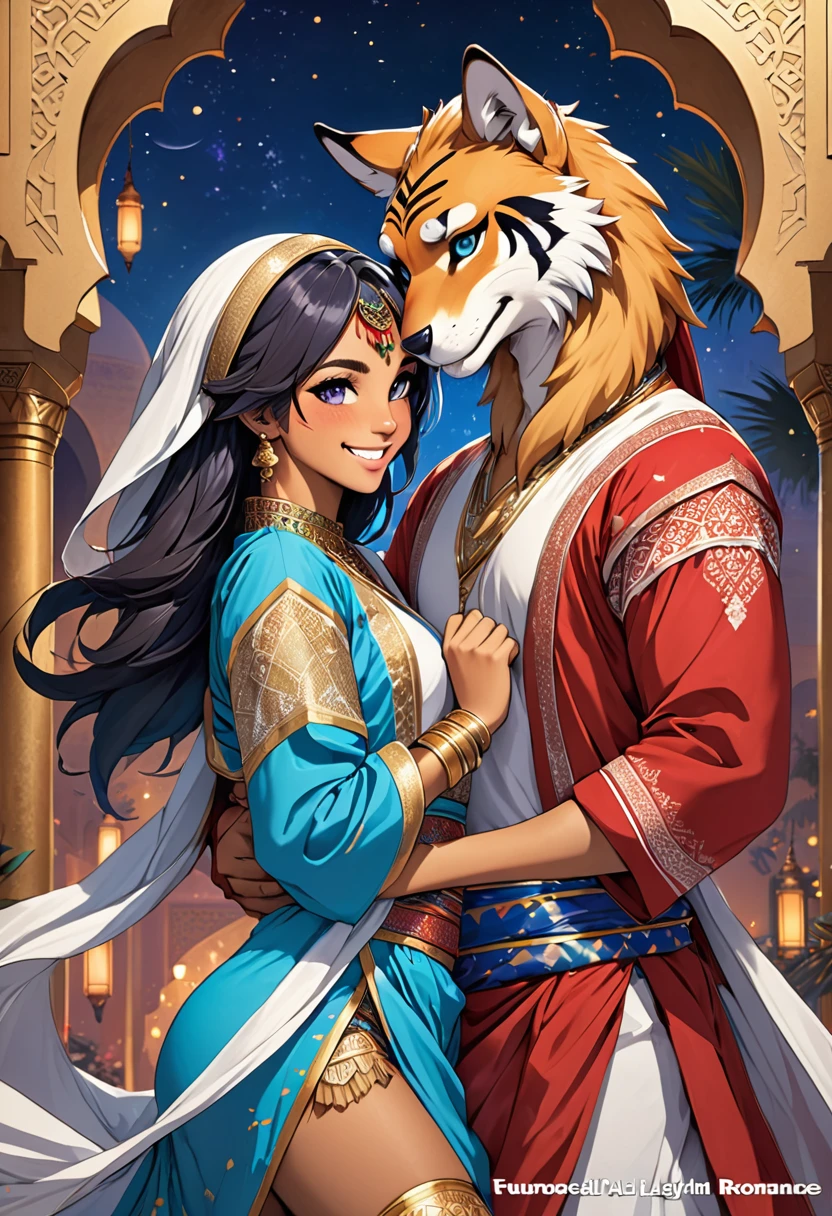 doujinshi cover_page, highres, top quality, best quality, paid reward available, unparalleled masterpiece, perfect artwork, absurdres, High-quality illustrations, super high resolution, detailed background, perfect anatomy(1girl, 1boy, couple, kemono, furry anthro, fearless smile, Arab national costume, love romance)The Arabian Nights, Alf Laylah wa Laylah,