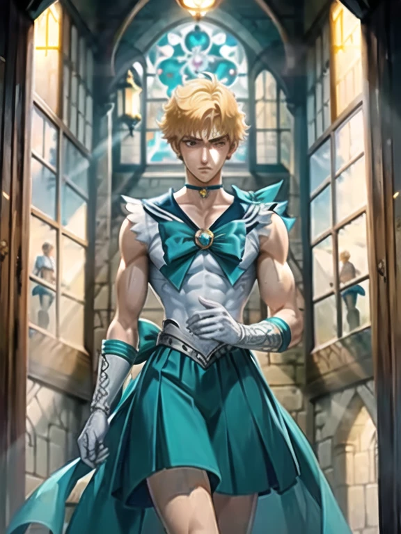 1boy, (man), manly body, anime, extremely detailed, hyper detailed, (broad shoulders), (PERFECT FACE), illustration, soft lighting, 2d, intricate, cowboy shot, detailed blue eyes, black hair, short hair, teal eyes, sexy, toned,, (outside), castle tower, in a Sailor Moon costume, 