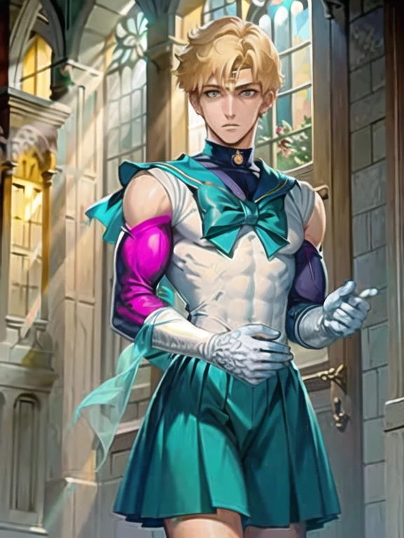 1boy, (man), manly body, anime, extremely detailed, hyper detailed, (broad shoulders), (PERFECT FACE), illustration, soft lighting, 2d, intricate, cowboy shot, detailed eyes, blonde hair, short hair, teal eyes, sexy, toned,, (outside), castle tower, in a Sailor Moon costume, 