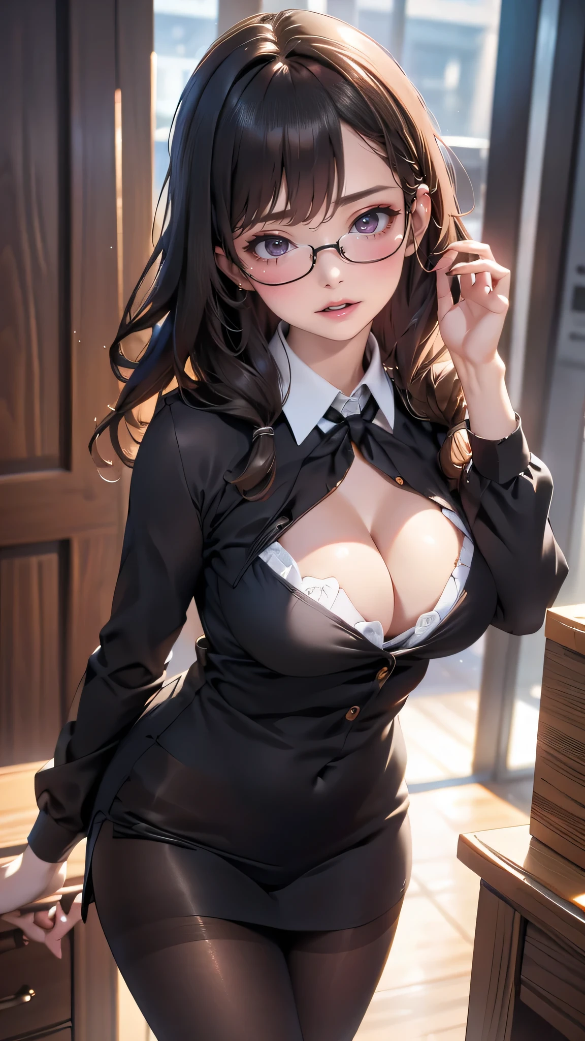 1woman,random office lady fashion,(Thin type),(large breasts),(random sexy pose),(random hairstyle),(Highest image quality,(8K), Ultra-realistic, Best Quality, High quality, High Definition, high quality texture, high detailing, Beautiful detailed, fine detailed, extremely details CG, Detailed texture, realistic representation of face, masterpiece, presence),(wearing glasses:1.2),black pantyhose