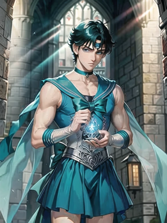 1boy, (man), manly body, anime, extremely detailed, hyper detailed, (broad shoulders), (PERFECT FACE), illustration, soft lighting, 2d, intricate, cowboy shot, detailed blue eyes, black hair, short hair, teal eyes, sexy, toned,, (outside), castle tower, in a Sailor Moon costume,