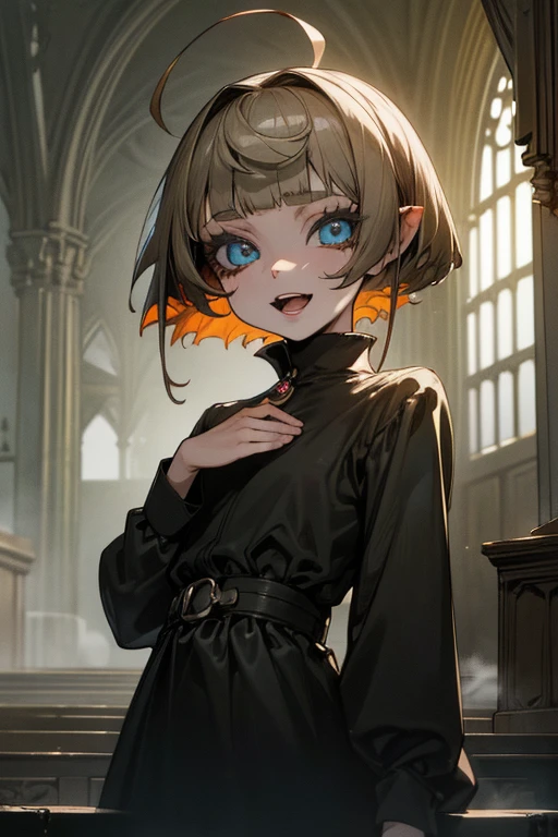 ((Masterpiece)), ((best quality)), (Anime:1.5), (RAW photo:1.2), (High Definition:1.3), (Professional Photography:1.2), ((12 years old)), 1girl, ((closeup face)), blunt bangs, feminine, pale brown hair, ((pixie cut)), Hair hide eyes, muted colors, pale skin, (makeup goth:1.4), cute, Glossy lips, (Stitched arm), Bleeding from eye, (crazy smile), (open mouth), head wreath, BREAK, ((best quality)), night, put hand on cheek, ((mist effect)), (indoors), bell, (cobwebs), ((Gothic horror atmosphere)), glowing, (on the antique room), dark white, ruins,