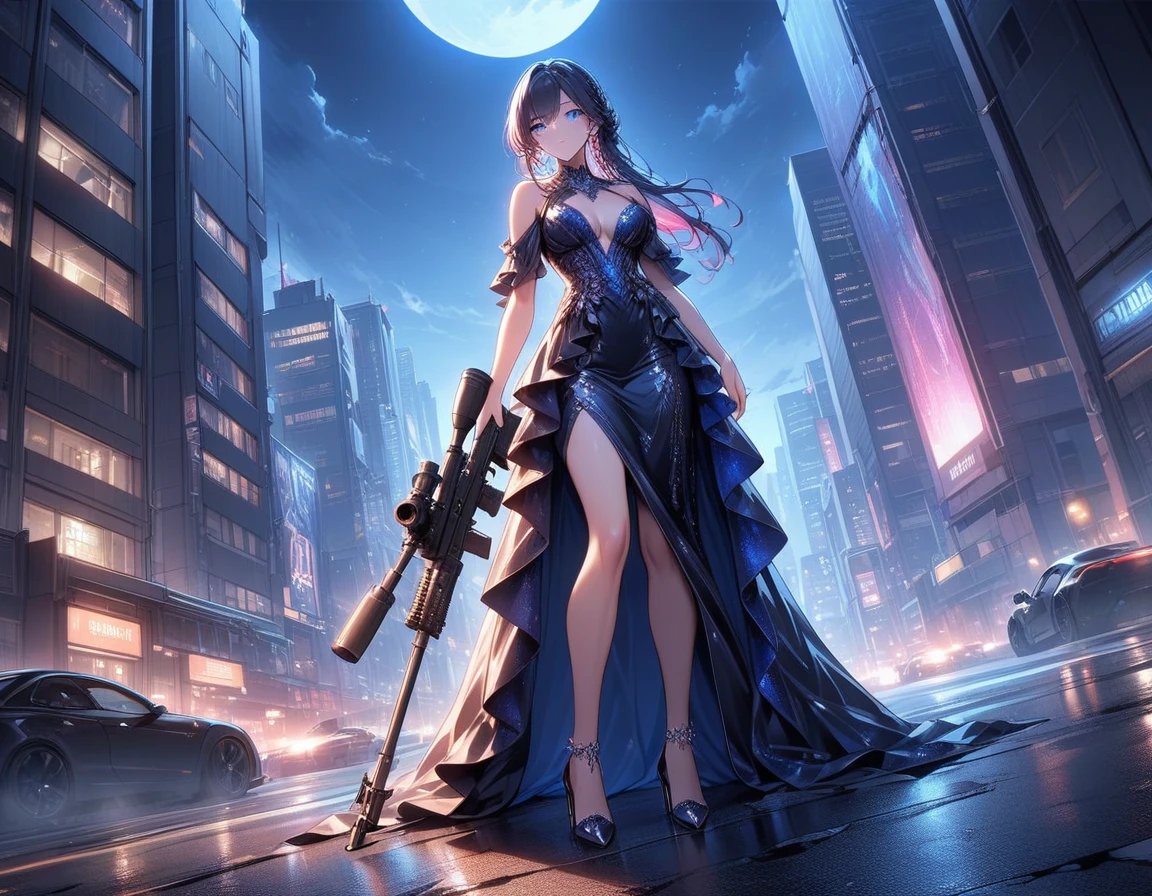 a portrait picture of a 1single woman sniper, standing in a window aiming a sniper rifle, an exotic beautiful woman sniper, dynamic hair, braided hair, full body shop, intense blue eyes, ultra detailed face, wearing (intricate evening dress: 1.5), elegant dress, dynamic color, dynamic style, wearing elegant stiletto heels , behind a window in a tall building at nigh, aiming a Light Sniper Rifle , cyberpunk city background, its night time, moon rays, some clouds,  (full body shot: 1.1) , vibrant, Ultra-high resolution, High Contrast, (masterpiece:1.5), highest quality, Best aesthetics), best details, best quality, highres, ultra wide angle, 16k, [ultra detailed], masterpiece, best quality, (extremely detailed) Sniper Rifle, evening dress