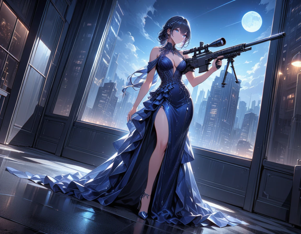 a portrait picture of a 1single woman sniper, standing in a window aiming a sniper rifle, an exotic beautiful woman sniper, dynamic hair, braided hair, full body shop, intense blue eyes, ultra detailed face, wearing (intricate evening dress: 1.5), elegant dress, dynamic color, dynamic style, wearing elegant stiletto heels , behind a window in a tall building at nigh, aiming a Light Sniper Rifle , cyberpunk city background, its night time, moon rays, some clouds,  (full body shot: 1.1) , vibrant, Ultra-high resolution, High Contrast, (masterpiece:1.5), highest quality, Best aesthetics), best details, best quality, highres, ultra wide angle, 16k, [ultra detailed], masterpiece, best quality, (extremely detailed) Sniper Rifle, evening dress
