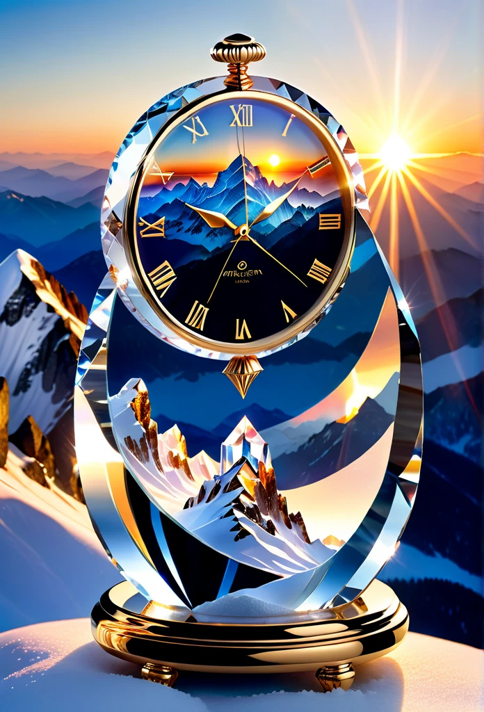 "Crystal Clock on Mountain Peak: A transparent crystal watch, delicately carved, placed on the peak of a snowy mountain. The rising sun casts an ethereal glow across the clock, while the horizon stretches infinitely, symbolizing the purity and eternity of time.."