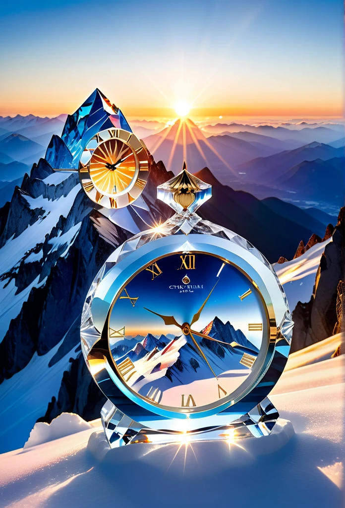 "Crystal Clock on Mountain Peak: A transparent crystal watch, delicately carved, placed on the peak of a snowy mountain. The rising sun casts an ethereal glow across the clock, while the horizon stretches infinitely, symbolizing the purity and eternity of time.."