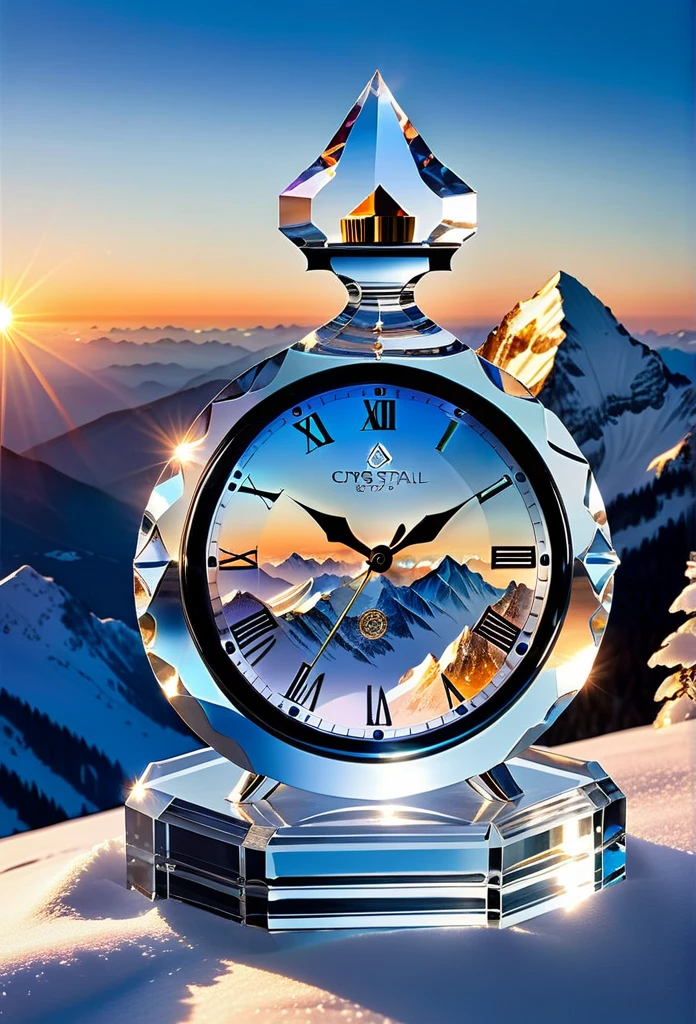 "Crystal Clock on Mountain Peak: A transparent crystal watch, delicately carved, placed on the peak of a snowy mountain. The rising sun casts an ethereal glow across the clock, while the horizon stretches infinitely, symbolizing the purity and eternity of time.."