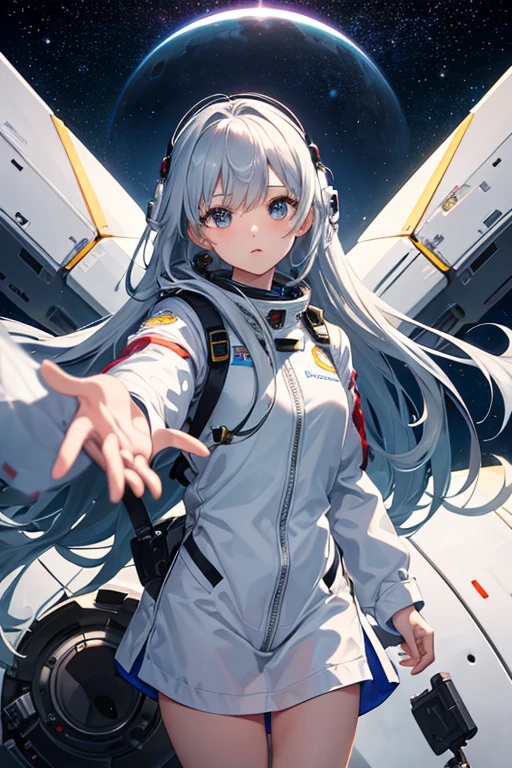 masterpiece, Highest quality, High resolution,Follow the on-screen instructions、Anime Style、Follow the prompts、One Girl、Long silver hair、、universe space、Confused、Spacesuit、Spacewalk、Reaching out to the earth、Adrift in Space