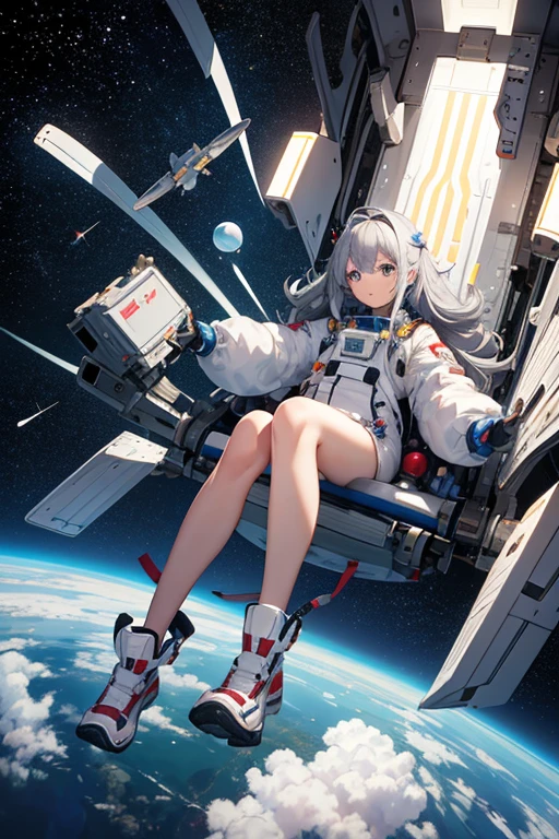 masterpiece, Highest quality, High resolution，Follow the on-screen instructions、Anime Style、Follow the prompts、One Girl、Long silver hair、、universe space、Confused、Spacesuit、Spacewalk、Reaching out to the earth、Adrift in Space