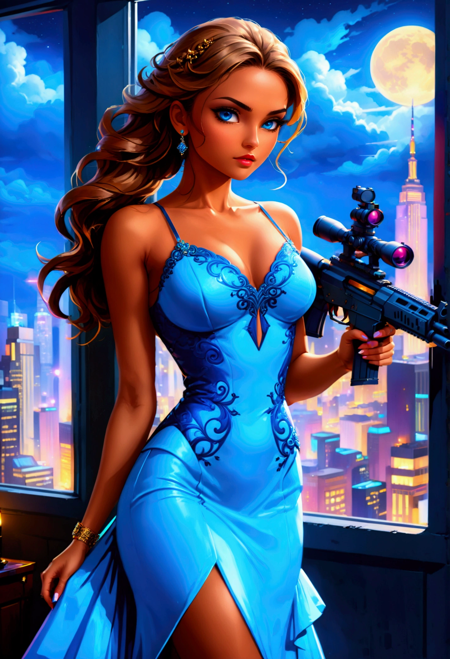 a portrait picture of a 1single woman sniper, standing in a window aiming a sniper rifle, an exotic beautiful woman sniper, dynamic hair, braided hair, full body shop, intense blue eyes, ultra detailed face, wearing (intricate evening dress: 1.5), elegant dress, dynamic color, dynamic style, wearing elegant stiletto heels , behind a window in a tall building at nigh, aiming a Light Sniper Rifle , cyberpunk city background, its night time, moon rays, some clouds,  (full body shot: 1.1) , vibrant, Ultra-high resolution, High Contrast, (masterpiece:1.5), highest quality, Best aesthetics), best details, best quality, highres, ultra wide angle, 16k, [ultra detailed], masterpiece, best quality, (extremely detailed) Sniper Rifle, evening dress
