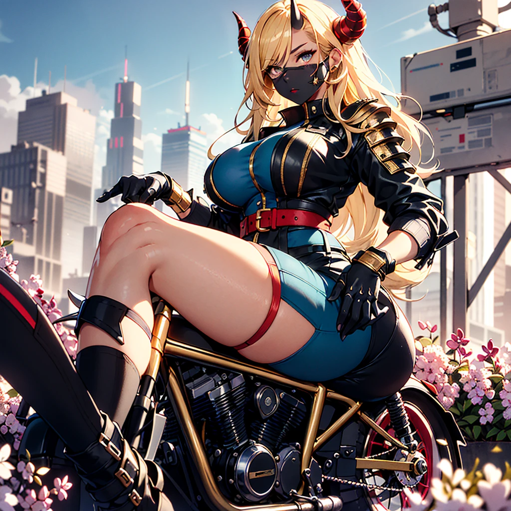 ((best quality)), ((masterpiece)), (detailed), 1girl, 8k_wallpaper, extremely detailed eyes, extremely detailed body, beautiful face, perfect face, detailed ((blonde hair)), (gold eyes), ((large big red and blue horns)), {{dark skin}}, ({dark skinned female}), gigantic breasts, thick thighs, strong arm and leg muscles, strong abdominal muscles, Monster women, Korean women, wearing a modern short black cloth jacket with rolled up sleeves, (wearing heavy gold colored steel cyberpunk armor), a wide red leather belt with blue steel yarn, steel boots, steel thigh guards, a military radio hangs on her belt, a biker girl, she rides on another planet along a lilac field against the backdrop of a blue desert and high red mountains,
