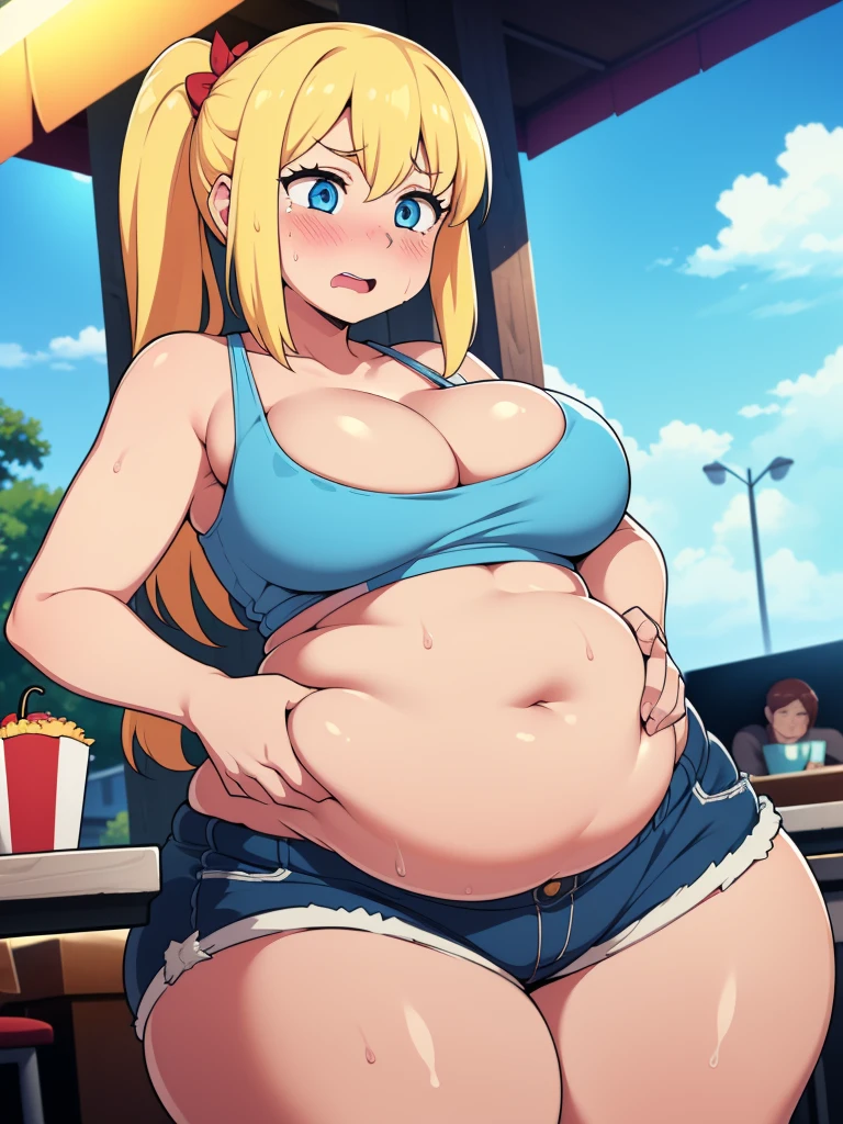 ((highres)), Masterpiece, high quality, best quality, beautiful, perfect lighting, detailed face, ultra cute face, ((1girl)), ((solo)), ((blush)), embarrassed, long fluffy blonde hair, pony tail, blue eyes, sweat, heavy breathing, crop top and shorts, fast food restaurant, cleavage, large breasts, ((wide hips)), (thick thighs), (chubby), ((belly grab)),