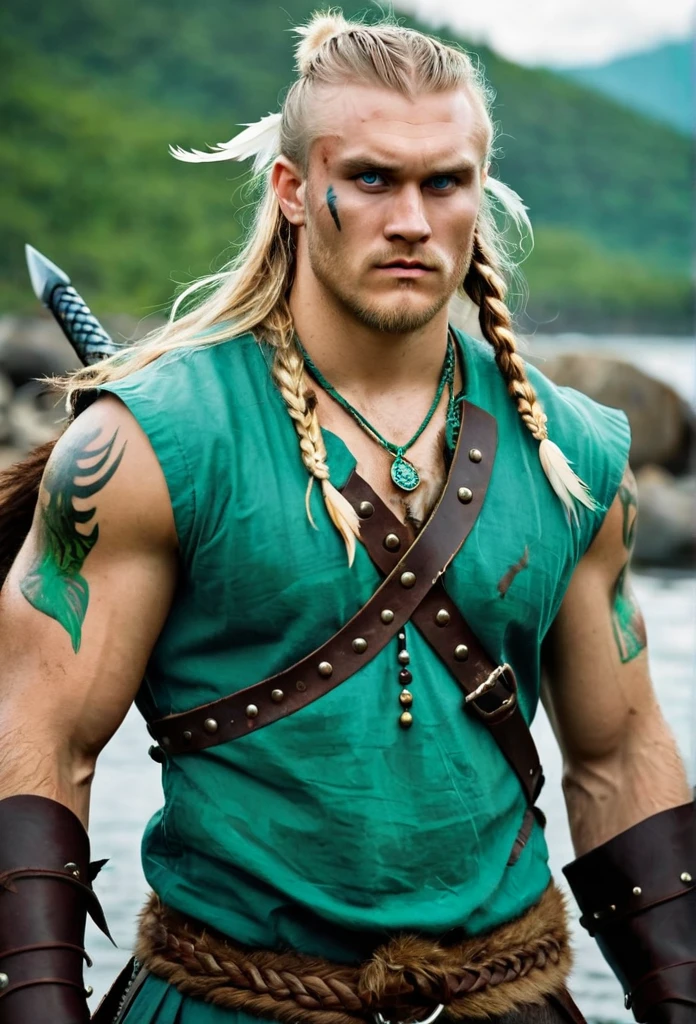 Long-haired blond man, braids on top on one side with feathers for decoration, deep and large rounded eyes, water green color,  strong warrior body with bear tooth necklace, war scar on the body, sword in one hand and ax in the other, um viking com bravura, scar and war paint