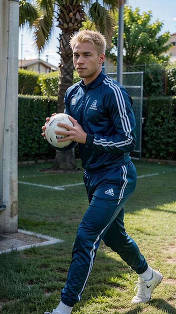 blond geogian man, short hair, playing football, wearing sport suit