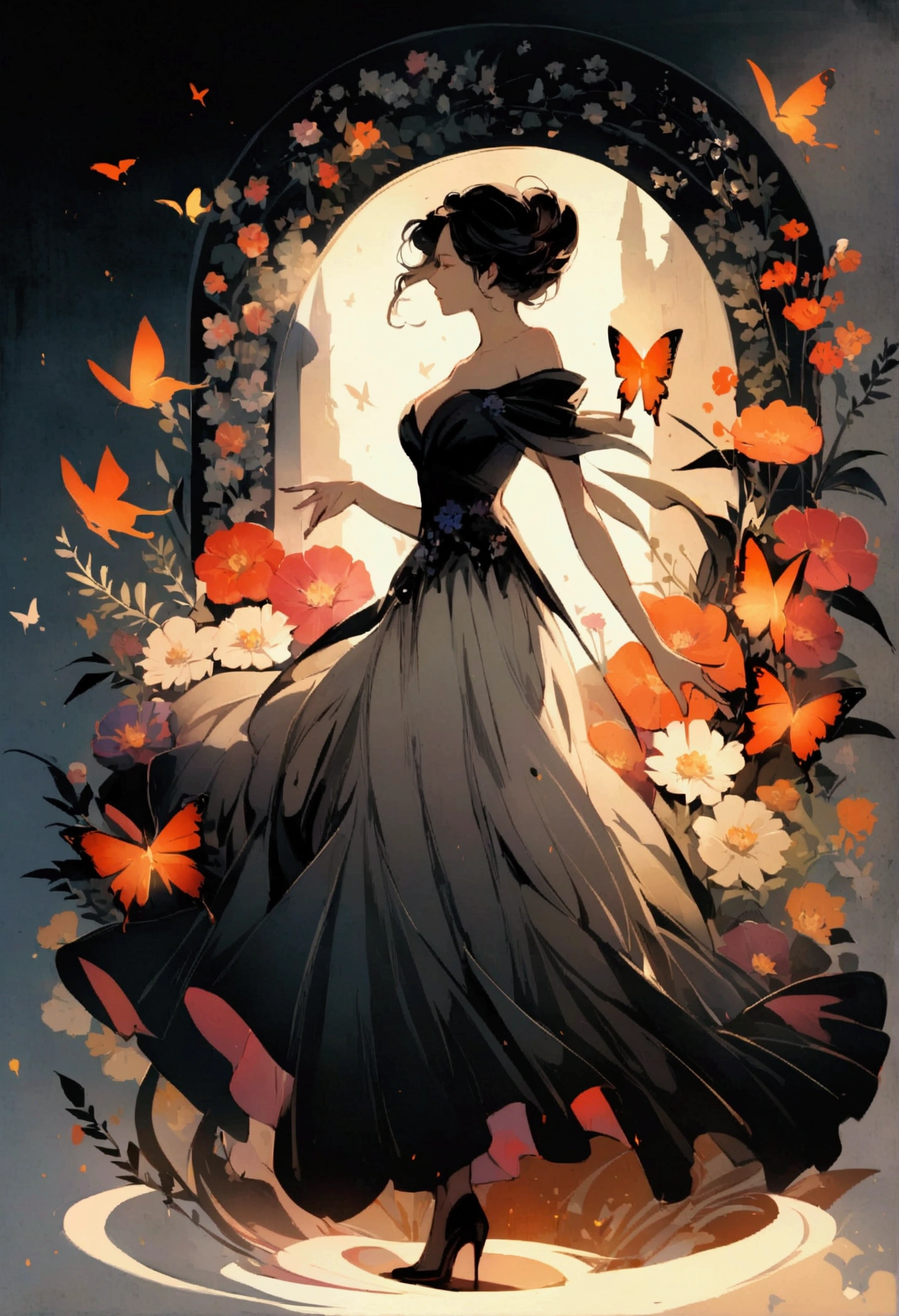 chaos, elegant, vivid colors, art by Anne Bachelier, atmospheric, a woman, elegant, butterflies, flowers blooming, moving, dramatic, whole body, Organic composition