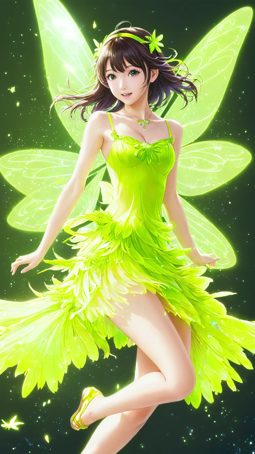 anime artwork beautiful woman wearing a Fluorescent Yellow (fairy dress) Pouncing, fairy wings . anime style, key visual, vibrant, studio anime,  highly detailed