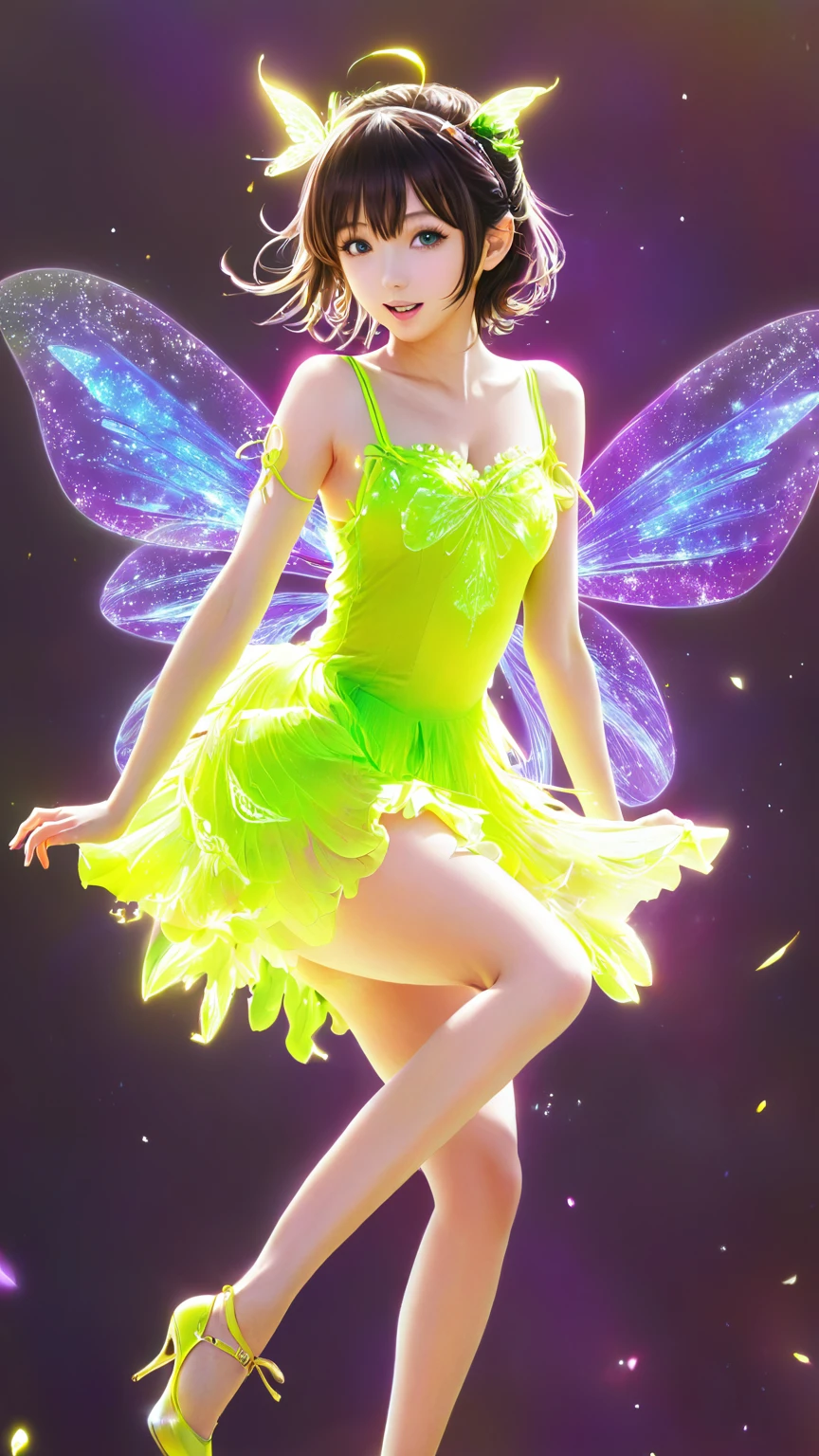 anime artwork beautiful woman wearing a Fluorescent Yellow (fairy dress) Pouncing, fairy wings . anime style, key visual, vibrant, studio anime, highly detailed