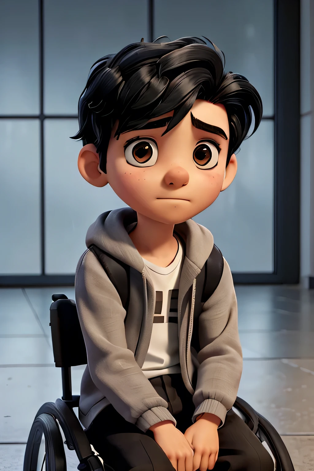 The boy with black hair sitting in a wheelchair with a sad look with his head turned up looking at the rain