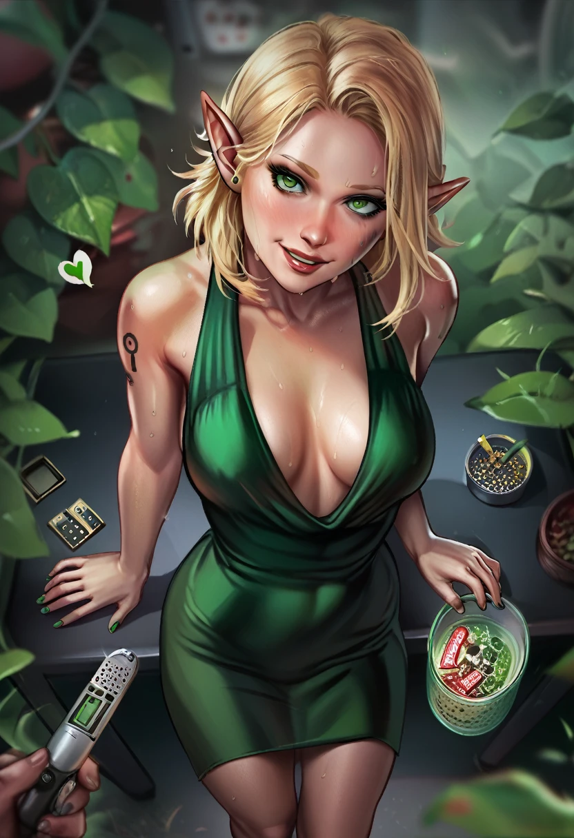 punctuation_9, punctuation_8_High above, punctuation_7_High above, punctuation_6_High above, beautiful green elf with long blonde hair, horny guy, desire, sweat, greeneyes, closeHigh above, attractive smile, (heart shape), thin summer dress, perfect slim body
