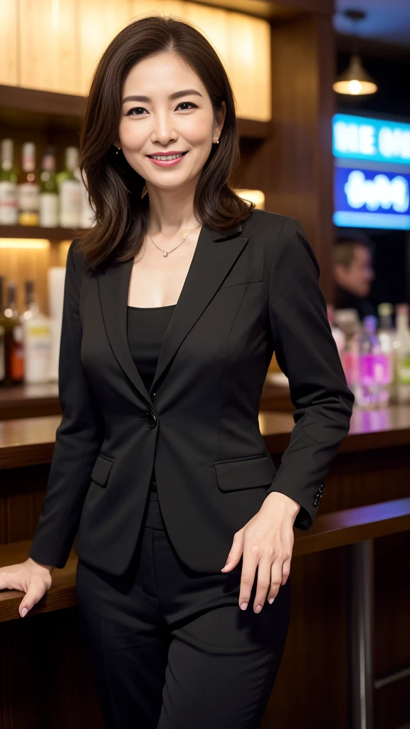 最high quality, 8k, Vibrant, Sharp focus, high quality, High resolution, Middle-aged women, Mature Woman, 55 years old, (Whole Body Ezbian), (High heels face detail, Highly detailed eyes, Slender figure、A beautiful woman with a sharp face and stylish business suit、Enjoying a drink in a neon-lit bar、The scene where she shows off her best smile。シーンは鮮やかでhigh quality、Detailed and meticulously drawn。Beautiful woman's perfect face highlighted by neon lights、It creates a wonderful contrast。The bar is decorated with colorful neon signs.、There is a lively atmosphere。Business suits are sophisticated and stylish.、It accentuates her elegant appearance。Ultra-realistic 8K resolution throughout、Captures every detail。Her face is full of joy、With beautiful eyes and a perfect smile、It gives the scene a sense of life and charm.。