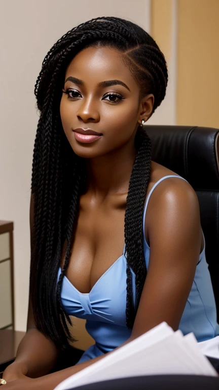 A beautiful beautiful black woman, beautiful silhouette, Cutes + gentle lips+Businessman Tresse) are in a company . very realistic Ivorian communications manager