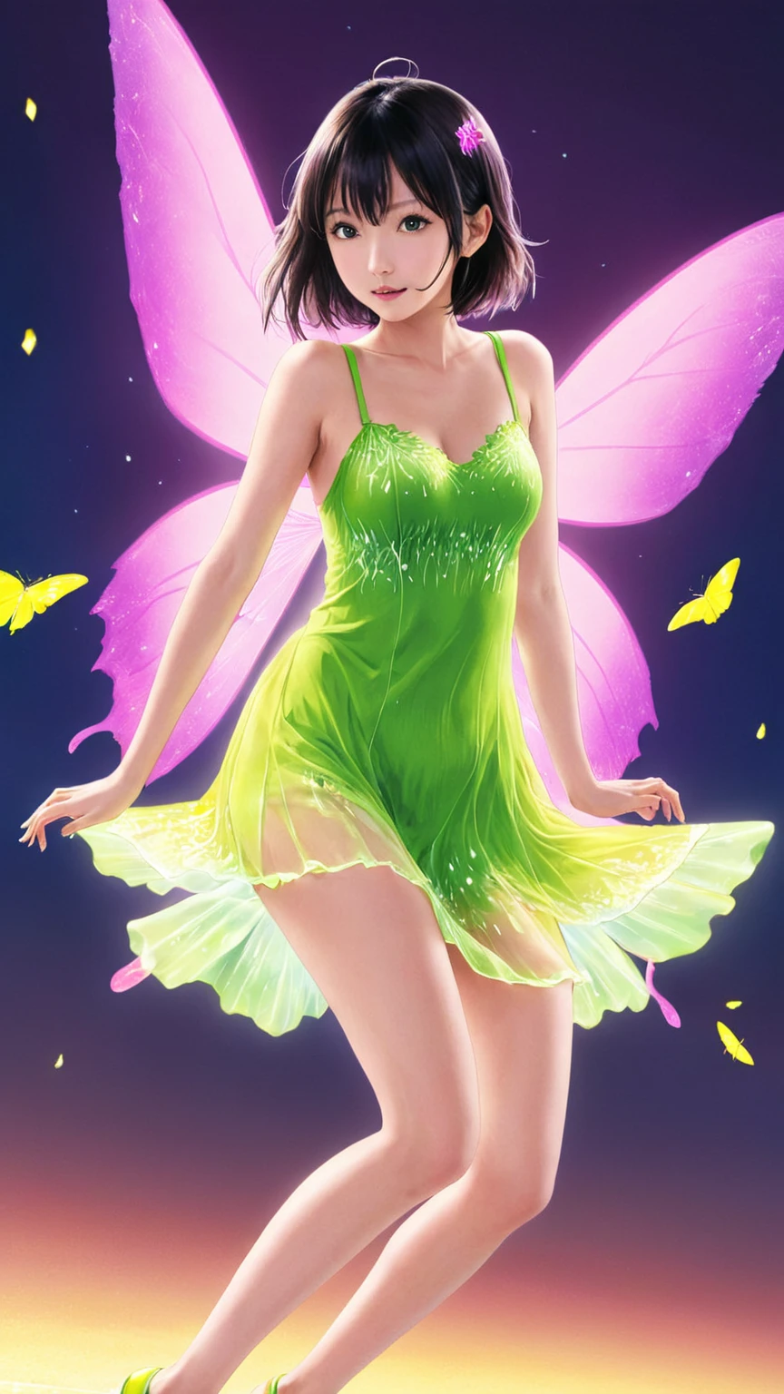 anime artwork beautiful woman wearing a Fluorescent Yellow (fairy dress) Pouncing, fairy wings . anime style, key visual, vibrant, studio anime,  highly detailed