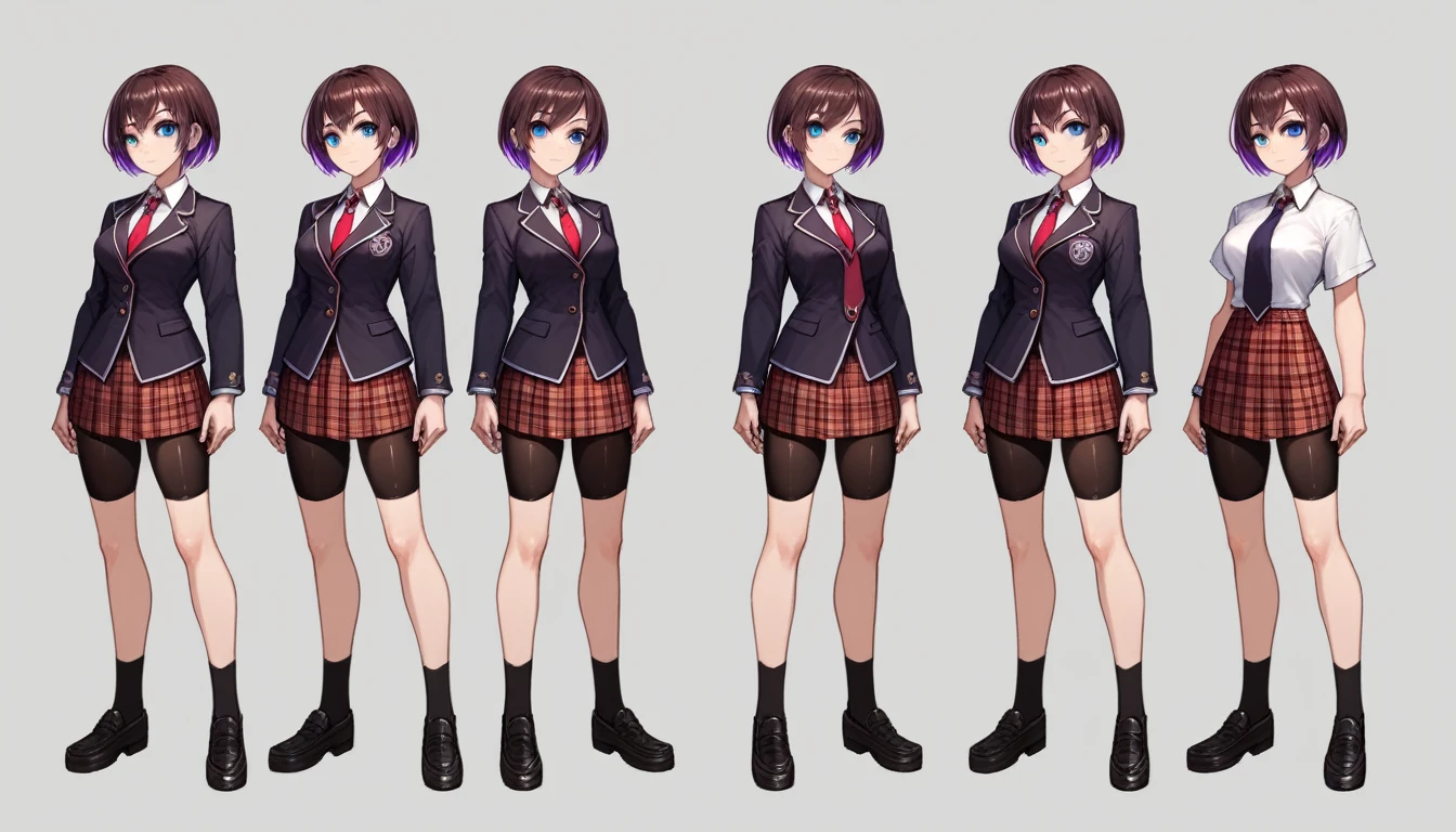 Solo, score_9,score_8_up,score_7_up, source_girl, school girl, teenage female, brown hair, wearing black bike shorts, black spandex shorts, 1.3, necktie, wearing school clothes, school outfit, standing, solo, full body, blue eyes, , plaid skirt, black spandex shorts, (short hair), character design, paper doll sheet, (purple highlights), brown hair,