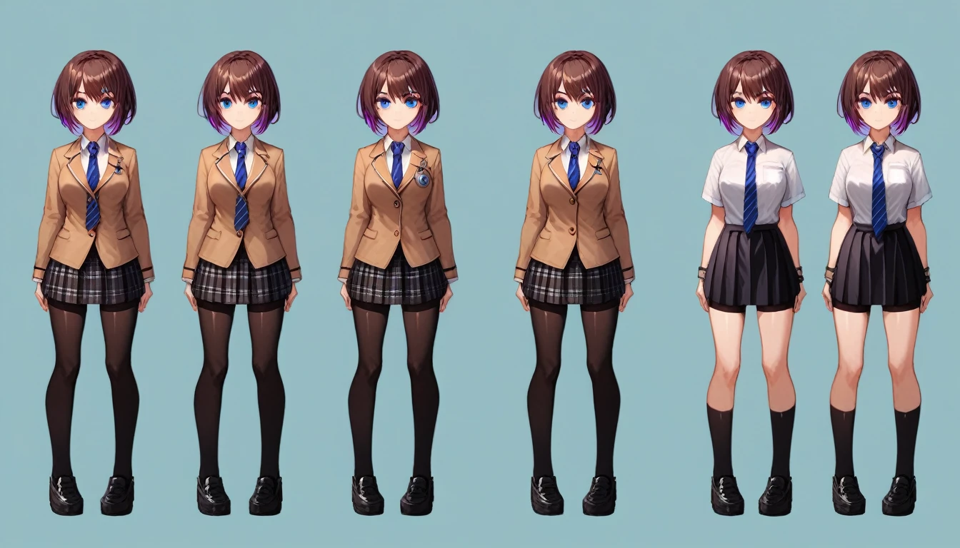 Solo, score_9,score_8_up,score_7_up, source_girl, school girl, teenage female, brown hair, wearing black bike shorts, black spandex shorts, 1.3, necktie, wearing school clothes, school outfit, standing, solo, full body, blue eyes, , plaid skirt, black spandex shorts, (short hair), character design, paper doll sheet, (purple highlights), brown hair,