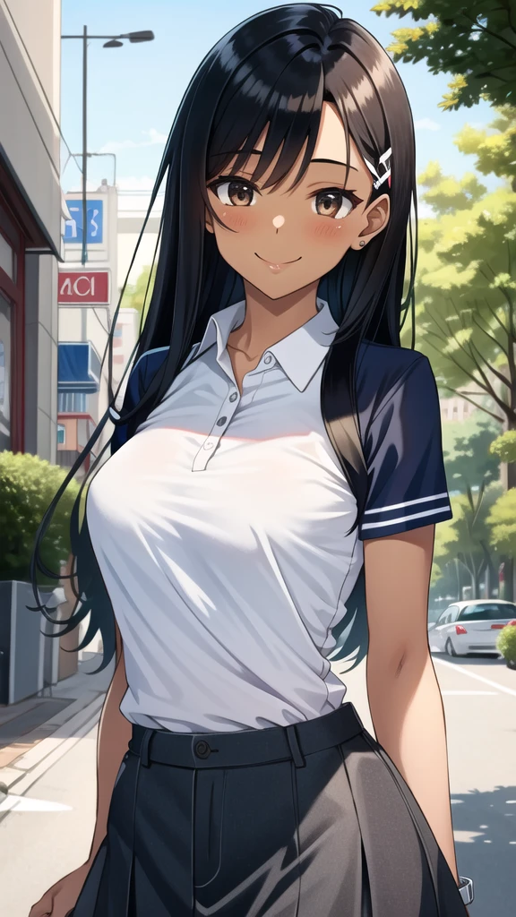 ((best quality)), ((masterpiece)), (details), one girl, sexy ((best quality)), ((masterpiece)), (details), one girl, sexy ((best quality)), ((masterpiece)), (details), one girl, full body, sexy expensive body, expensive, long legs, mature woman, mature, adult, it_nagatoro_main, Hayase Nagatoro, one girl, blushing, alone, uniform polo shirt, short sleeves, black hair,brown eyes, hair accessory, looking at viewer, hair clip, smiling, long hair, dark skinned woman, dark skin, , bangs, daytime, skirt, collared shirt, collarbone, ear clip, mouth closed, tree, asymmetrical bangs, upper body