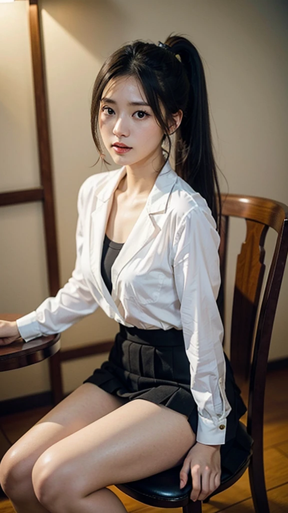 absurdres, RAW photo, extremely delicate and beautiful, masterpiece, Best Quality, ultra high resolution, 32k, hyperrealistic, ultra-detailed, perfect anatomy, super Detailed skin, Super Beauty, perfect figure, Perfect Style, Perfect balance, in her 20s, very small head, very small face, delicate facial features, tearful mole, earring, very huge breasts, bare legs, full body shot, medium hair, black hair, school_uniform,