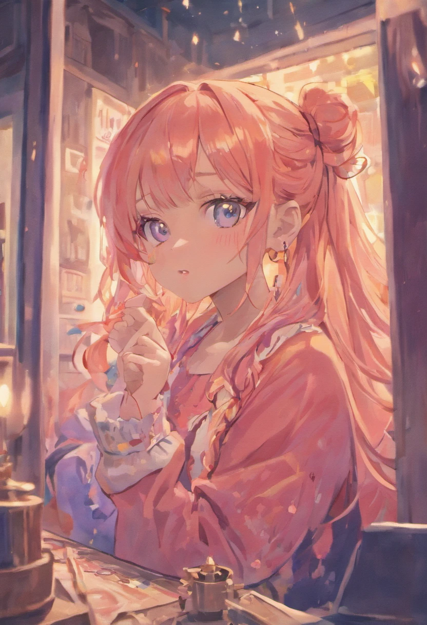 A 20 year old girl with long pink hair in three braids, beautiful detailed eyes, beautiful detailed lips, extremely detailed face, longeyelashes, wearing pastel blue pajamas, fashion glasses, sitting in her room at midnight, slightly blushing, smiling, talking on smartphone, (best quality,4k,8k,highres,masterpiece:1.2),ultra-detailed,(realistic,photorealistic,photo-realistic:1.37),vibrant colors,warm lighting,intricate details,delicate shading,soft focus,detailed background