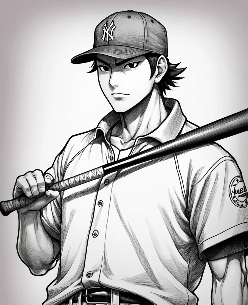 drawing of a man with a hat and a baseball bat, cell shaded!!!, cell shaded, anime sketch, cell shaded anime intricate, detailed but rough, cool shading, inspired by theCHAMBA, cell shaded art, with out shading, anime shading), inspired by Junpei Satoh, badass pose, anime shading, highly detailed exquisite fanart, unknown artstyle