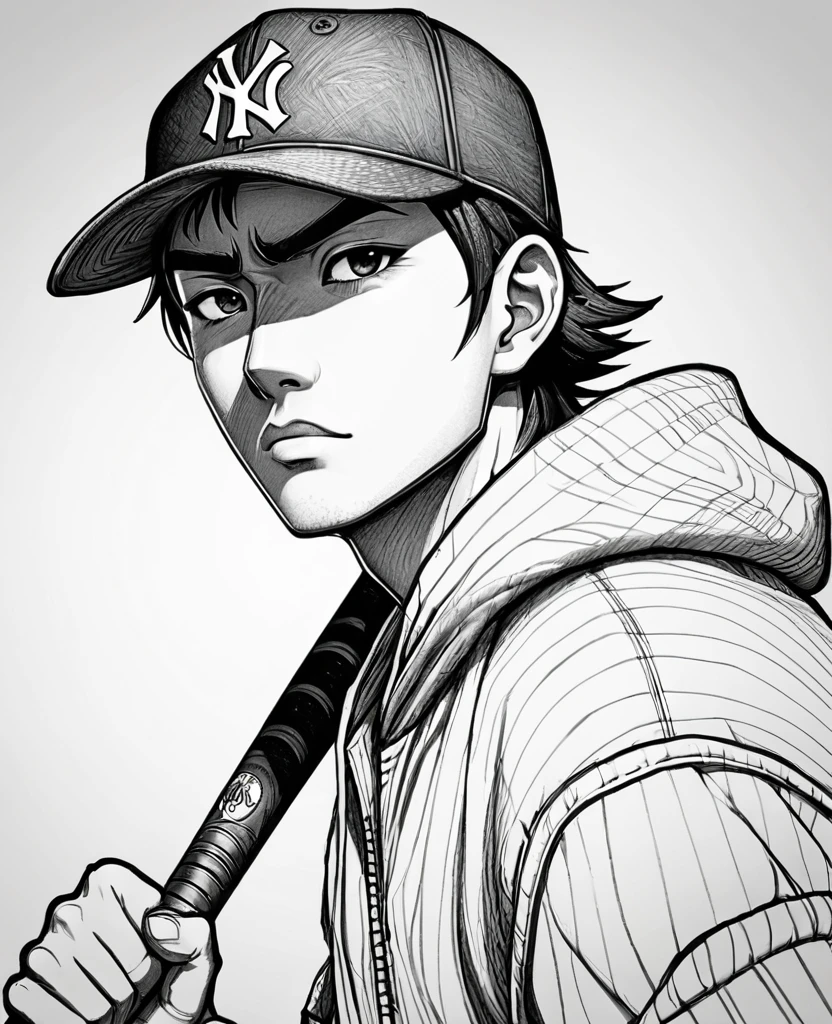 drawing of a man with a hat and a baseball bat, cell shaded!!!, cell shaded, anime sketch, cell shaded anime intricate, detailed but rough, cool shading, inspired by theCHAMBA, cell shaded art, with out shading, anime shading), inspired by Junpei Satoh, badass pose, anime shading, highly detailed exquisite fanart, unknown artstyle