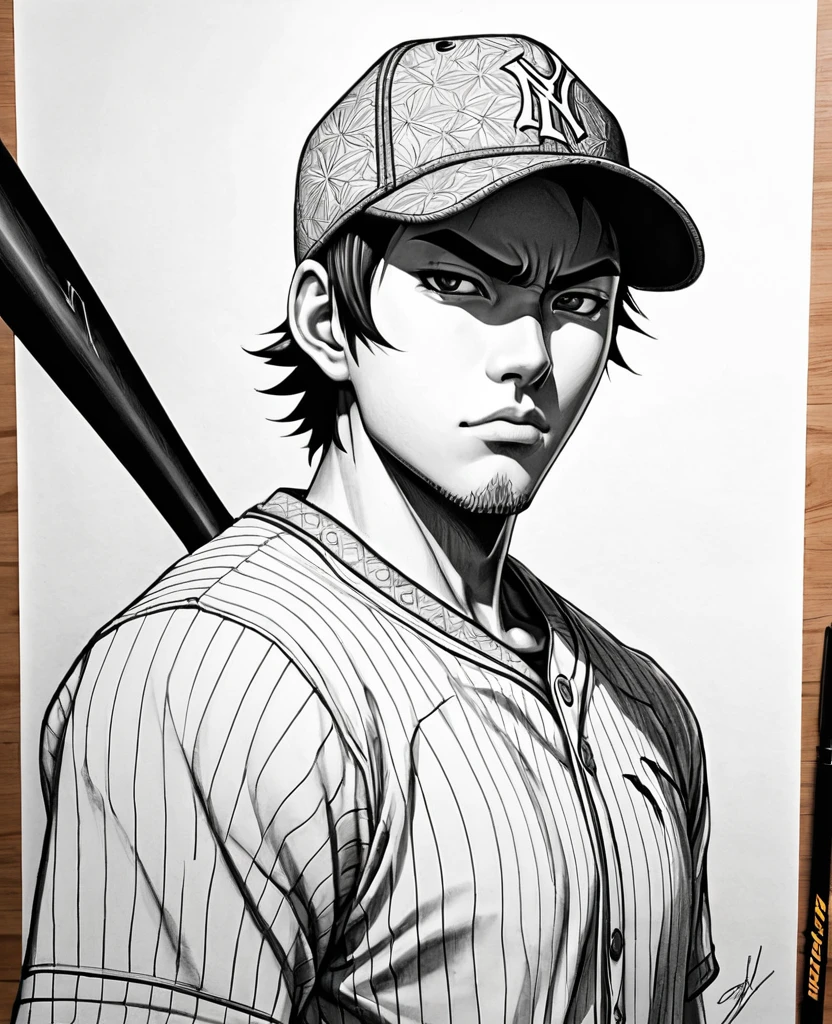 drawing of a man with a hat and a baseball bat, cell shaded!!!, cell shaded, anime sketch, cell shaded anime intricate, detailed but rough, cool shading, inspired by theCHAMBA, cell shaded art, with out shading, anime shading), inspired by Junpei Satoh, badass pose, anime shading, highly detailed exquisite fanart, unknown artstyle