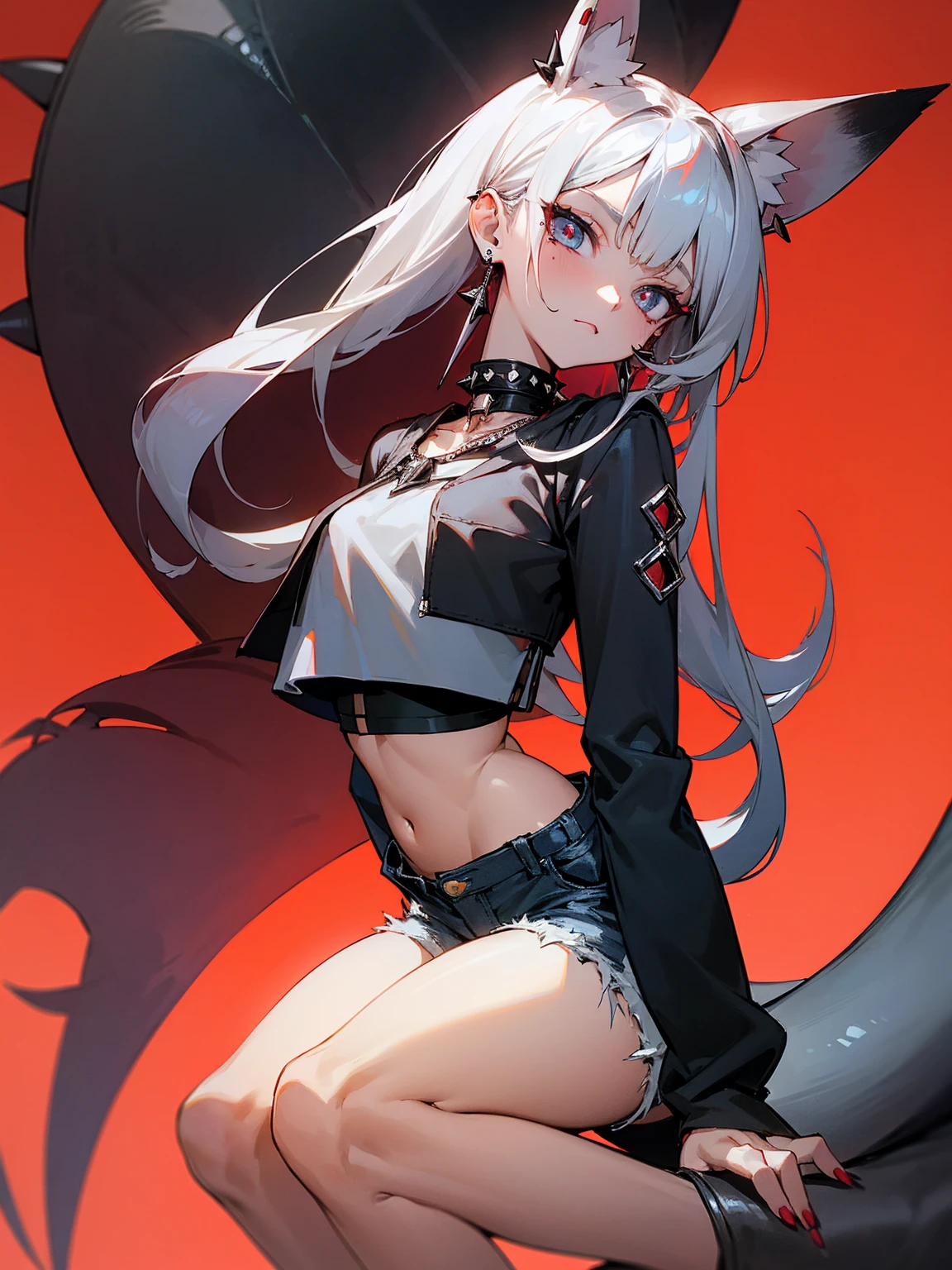 ((Long Straight Silver hair)), Perfect face, Choker, Punk earrings, ((Tall)), ((High Quality)), Necklace, ((Mature)), Pretty Eyes, Sharp Nails, Bangs, ((1 Girl)), ((Multiple Earrings)), 1 girl, Spiky Earrings, Adult, Spiked Collar, Thin Eyelashes, Plain Background, Red Colors in Background, Vampire Girl, Long Tail, Large Tail, Massive Tail, Shark Tail, ((Jean Shorts)), ((Long Sleeve Crop Top)), Close Up, Very Short Mini Skirt, Tall, Long Legs, Dynamic Pose, Black Tail, 2 moles under left eye, Wide Hips, Pantyhose, Vibrant Colors, Close Up, Sexy, Suggestive, Sexually Suggestive, 