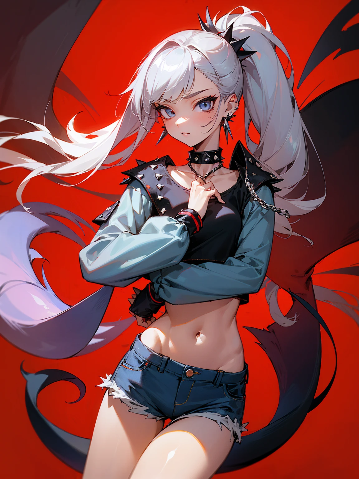 ((Long Straight Silver hair)), Perfect face, Choker, Punk earrings, ((Tall)), ((High Quality)), Necklace, ((Mature)), Pretty Eyes, Sharp Nails, Bangs, ((1 Girl)), ((Multiple Earrings)), 1 girl, Spiky Earrings, Adult, Spiked Collar, Thin Eyelashes, Plain Background, Red Colors in Background, Vampire Girl, Long Tail, Large Tail, Massive Tail, Shark Tail, ((Jean Shorts)), ((Long Sleeve Crop Top)), Close Up, Very Short Mini Skirt, Tall, Long Legs, Dynamic Pose, Black Tail, 2 moles under left eye, Wide Hips, Pantyhose, Vibrant Colors, Close Up, Sexy, Suggestive, Sexually Suggestive, 