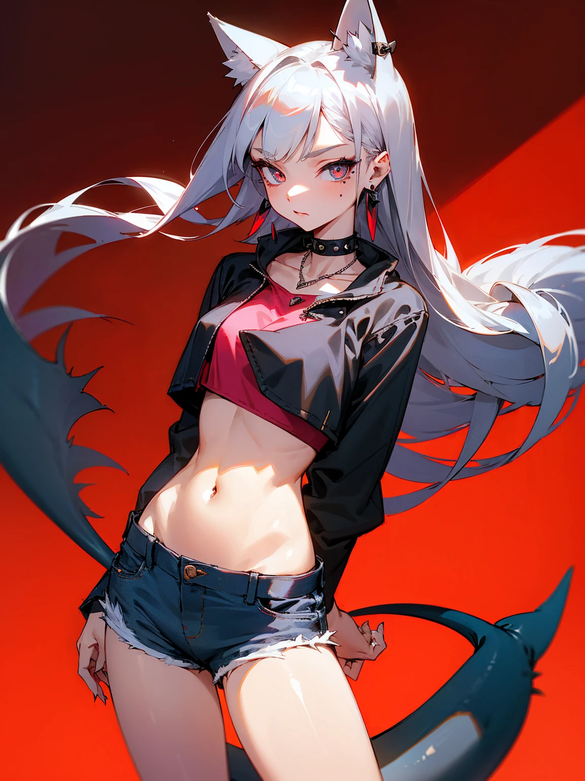((Long Straight Silver hair)), Perfect face, Choker, Punk earrings, ((Tall)), ((High Quality)), Necklace, ((Mature)), Pretty Eyes, Sharp Nails, Bangs, ((1 Girl)), ((Multiple Earrings)), 1 girl, Spiky Earrings, Adult, Spiked Collar, Thin Eyelashes, Plain Background, Red Colors in Background, Vampire Girl, Long Tail, Large Tail, Massive Tail, Shark Tail, ((Jean Shorts)), ((Long Sleeve Crop Top)), Close Up, Very Short Mini Skirt, Tall, Long Legs, Dynamic Pose, Black Tail, 2 moles under left eye, Wide Hips, Pantyhose, Vibrant Colors, Close Up, Sexy, Suggestive, Sexually Suggestive, 