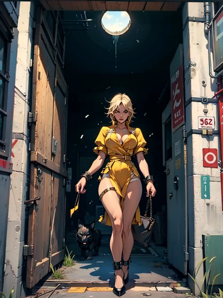 Woman big breasts thick legs Short ripped yellow dress , distressed with fear walking , Handcuffed hands,  an alien portal towards the camera 