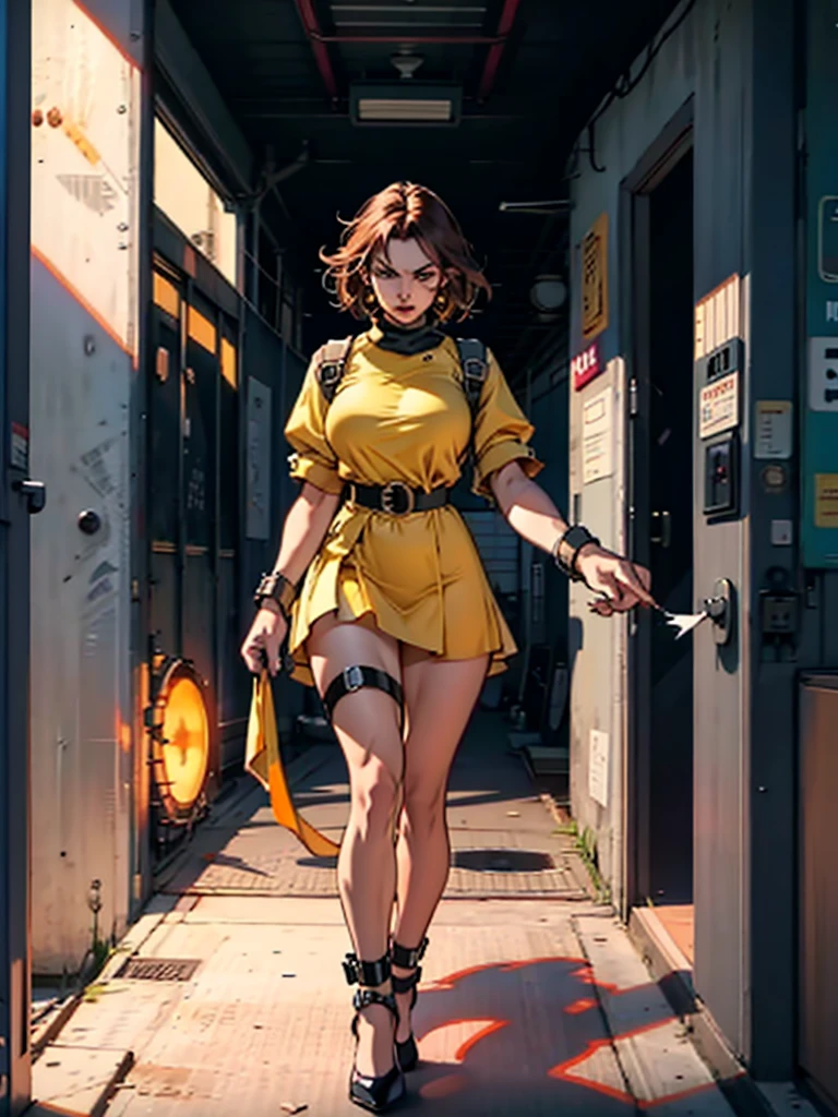 Woman big breasts thick legs Short ripped yellow dress , distressed with fear walking , Handcuffed hands,  an alien portal towards the camera 