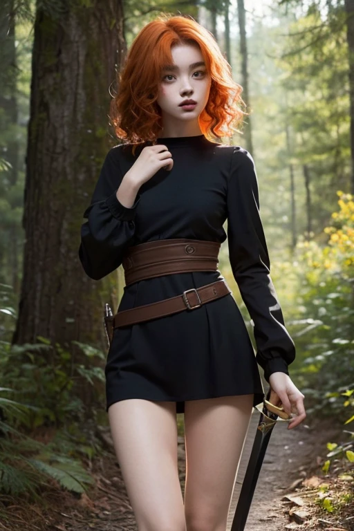 15 year old girl, Lovely, orange hair, very short, Very curly, slim, flat bust, with freckles on the face, with slavic features, with short black dress, of long sleeve, shows her legs, In the woods, holding a sword in his hand.