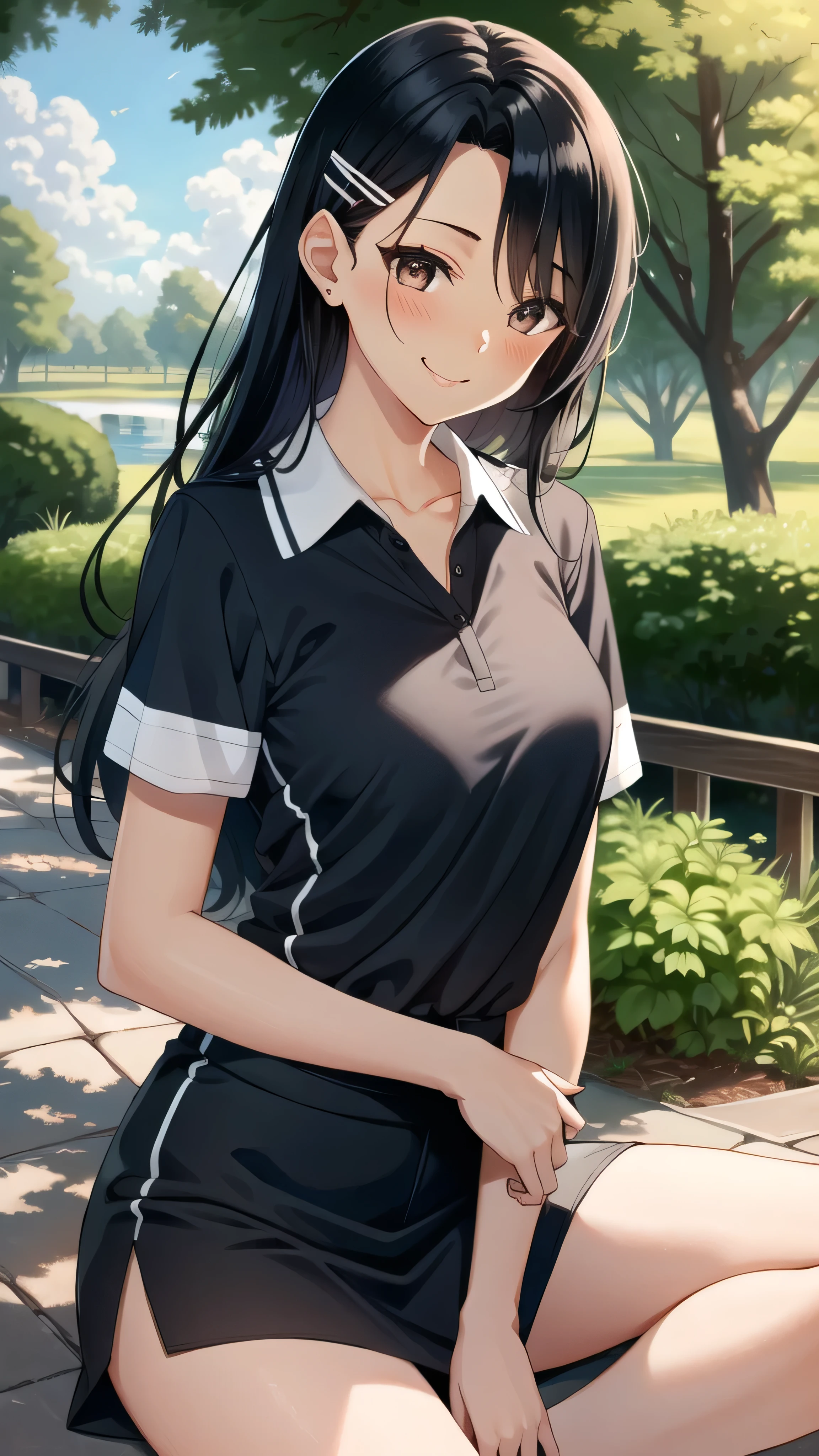 ((best quality)), ((masterpiece)), (details), one girl, sexy ((best quality)), ((masterpiece)), (details), one girl, sexy ((best quality)), ((masterpiece)), (details), one girl, full body, sexy expensive body, expensive, long legs, mature woman, mature, adult, it_nagatoro_main, Hayase Nagatoro, one girl, blushing, alone, uniform polo shirt, short sleeves, black hair,brown eyes, hair accessory, looking at viewer, hair clip, smiling, long hair, dark skinned woman, dark skin, , bangs, daytime, skirt, collared shirt, collarbone, ear clip, mouth closed, tree, asymmetrical bangs, upper body