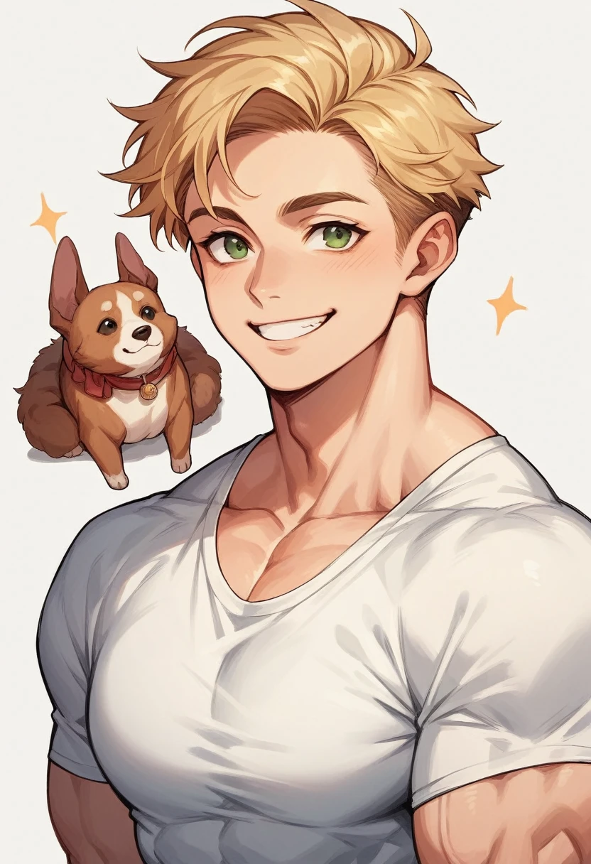 1 chico, adult, short straight blonde hair, muscles, the White shirt, black runners, SMILE, tender, dog appearance, White teas, green eyes.