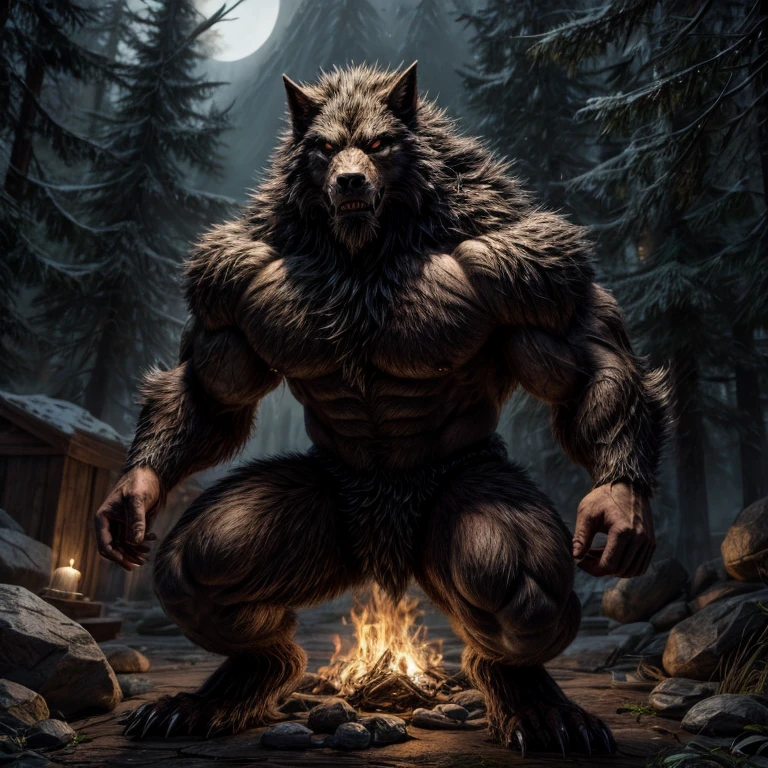 Make the black-furred muscular werewolf monster