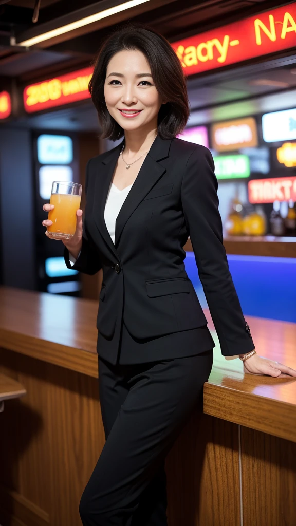 最high quality, 8k, Vibrant, Sharp focus, high quality, High resolution, Middle-aged women, Mature Woman, 55 years old, (Whole Body Ezbian), (High heels face detail, Highly detailed eyes, Slender figure、A beautiful woman with a sharp face wearing a stylish colorful business suit、Enjoying a drink in a neon-lit bar、The scene where she shows off her best smile。シーンは鮮やかでhigh quality、Detailed and meticulously drawn。Beautiful woman's perfect face highlighted by neon lights、It creates a wonderful contrast。The bar is decorated with colorful neon signs.、There is a lively atmosphere。Colorful business suits are sophisticated and stylish.、It accentuates her elegant appearance。Ultra-realistic 8K resolution throughout、Captures every detail。Her face is full of joy、With beautiful eyes and a perfect smile、It gives the scene a sense of life and charm.。