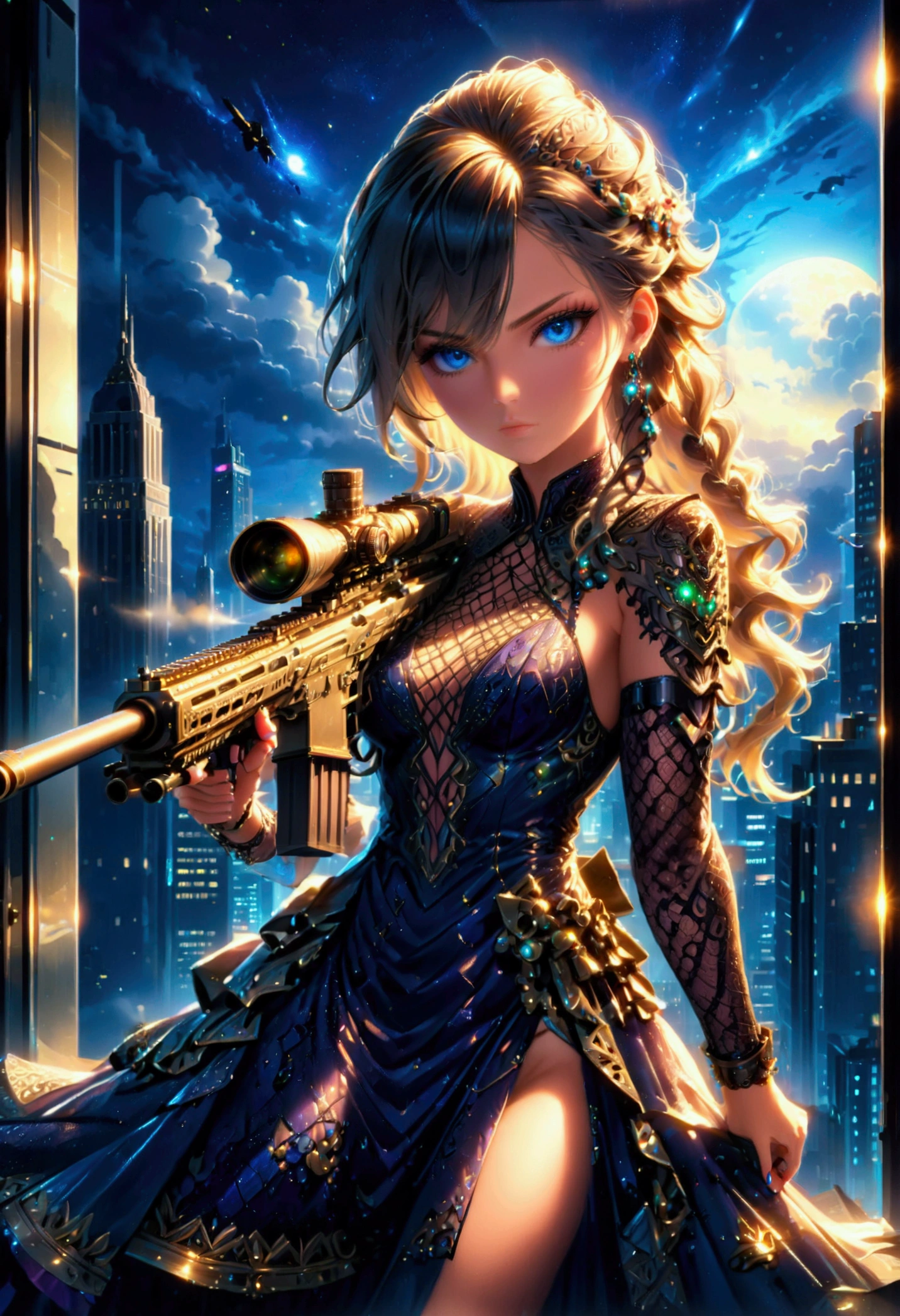 a portrait picture of a 1single sniper woman, standing in a window aiming a (sniper rifle: 1.2), an exotic beautiful woman sniper, dynamic hair, braided hair, full body shop, intense blue eyes, ultra detailed face, wearing (intricate evening dress: 1.5), elegant dress, dynamic color, dynamic style, wearing elegant stiletto heels , behind a window in a tall building at nigh, aiming a Light Sniper Rifle , cyberpunk city background, its night time, moon rays, some clouds,  (full body shot: 1.1) , vibrant, Ultra-high resolution, High Contrast, (masterpiece:1.5), highest quality, Best aesthetics), best details, best quality, highres, ultra wide angle, 16k, [ultra detailed], masterpiece, best quality, (extremely detailed) Sniper Rifle, evening dress