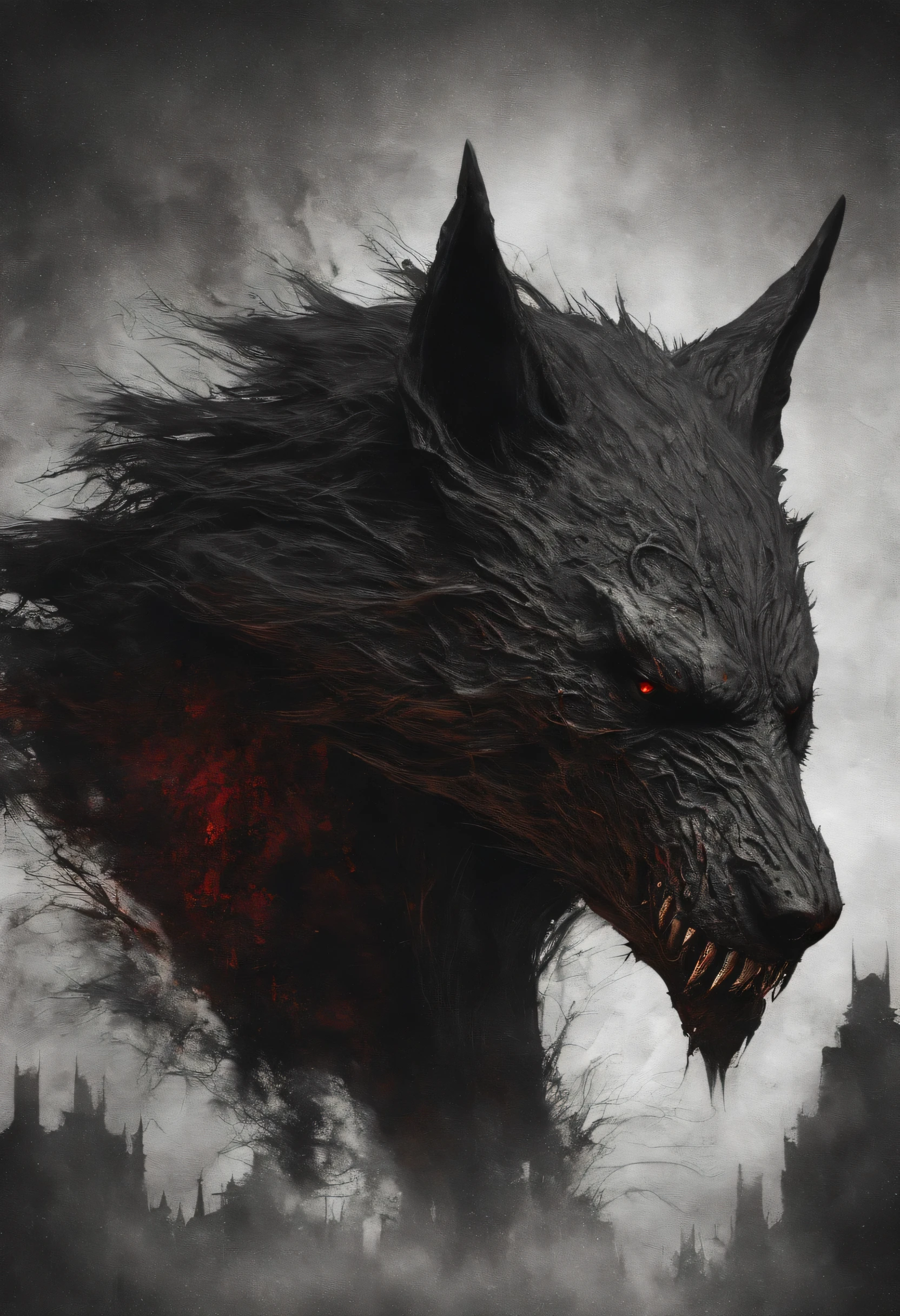 (Best Quality, high resolution, ultra detailed, realist:1.37), dark werewolf, exposed bones, Blood dripping from the corners of the mouth, piercing crimson eyes, disturbing atmosphere, threatening expression, skin covered in shadows, moonlit background, bright red moonlight, intense contrasts